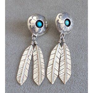 STERLING Silver TURQUOISE Southwestern Feather DANGLE EARRINGS 2.5" Incised Vtg